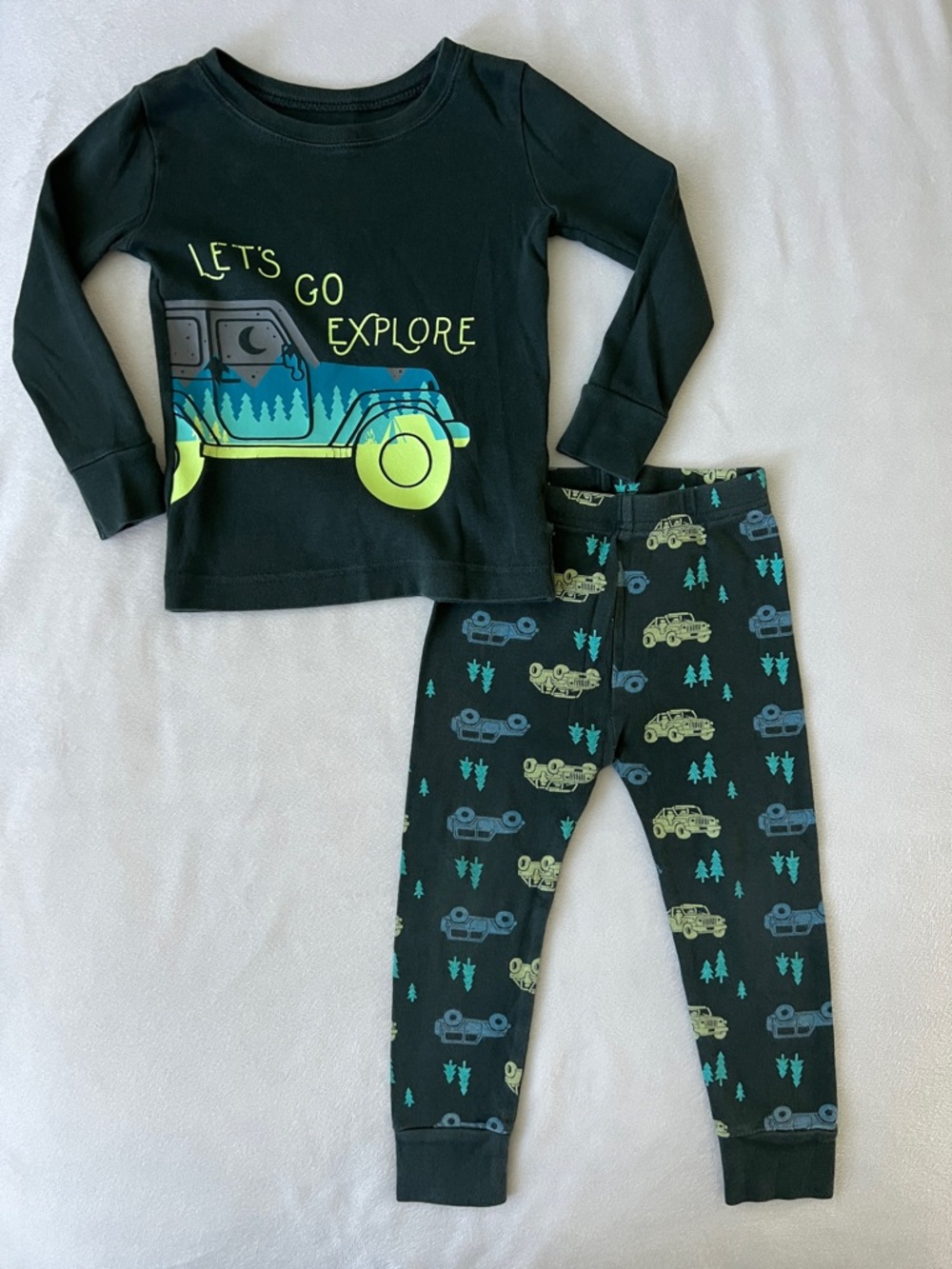 Old Navy Black Pajama Set with Neon Green & Teal Jeep Graphic